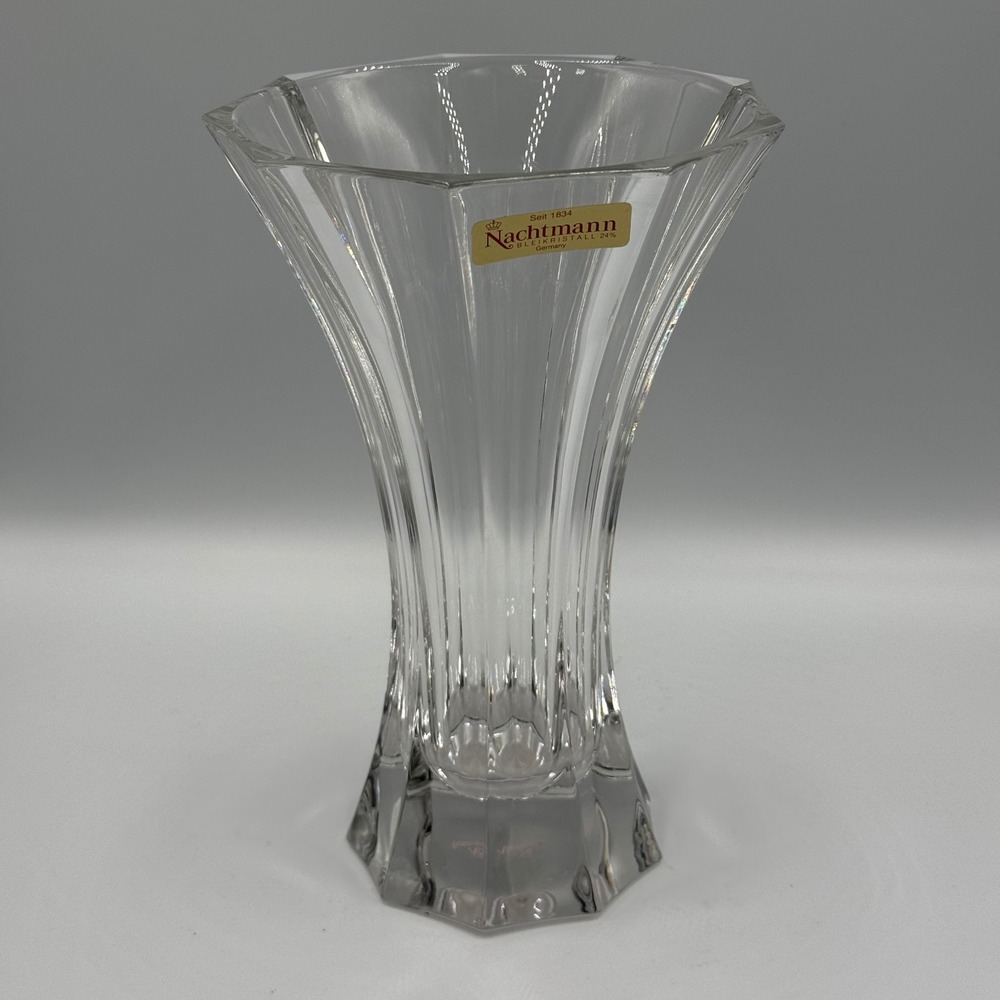 Nachtmann Saphir 24% Lead Crystal Vase 8.5 Inch Flared Paneled Germany